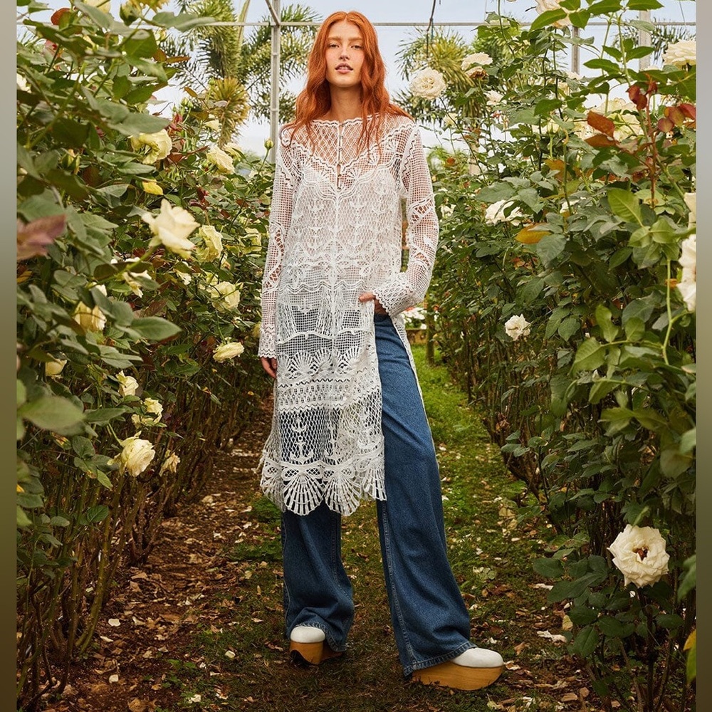 NWT Farm Rio Off-White Nautical Guipure Long Sleeve Midi Dress Size S